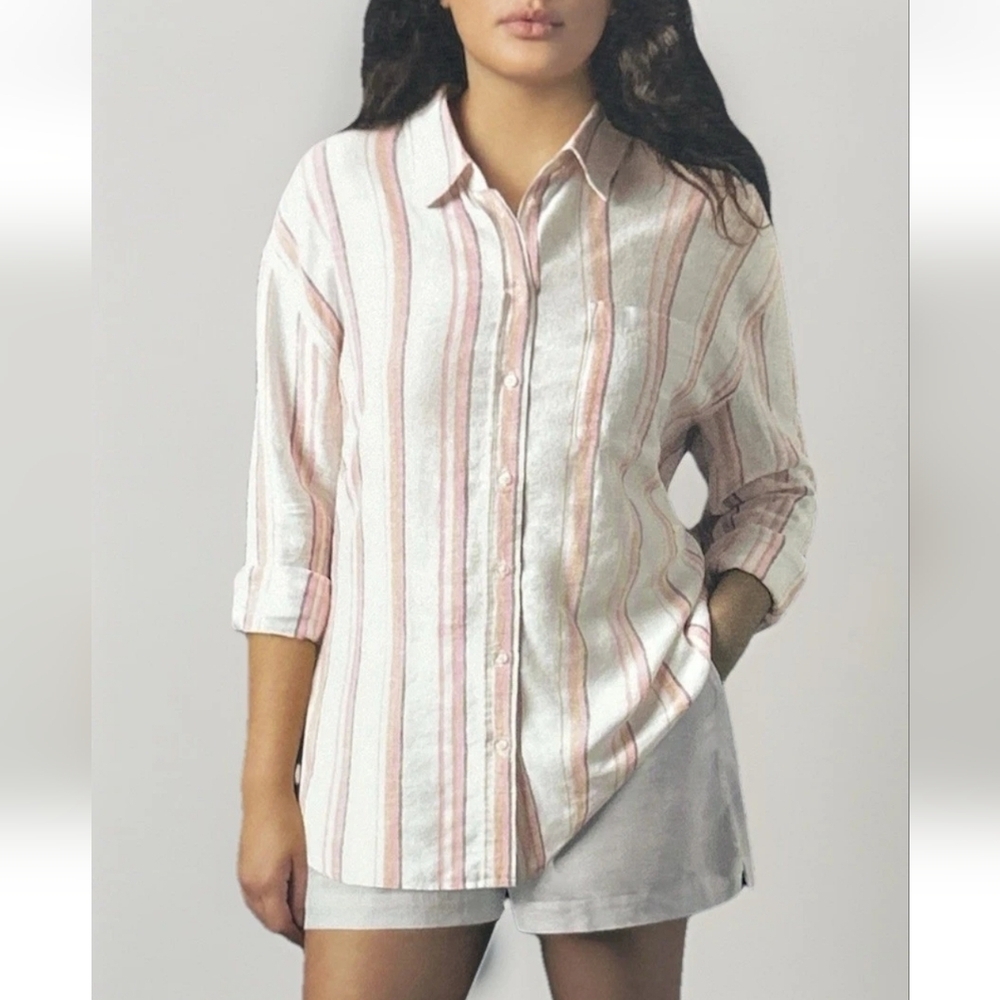 GAP Linen Button Down Long Sleeve Striped Multicolored Shirt NWOT